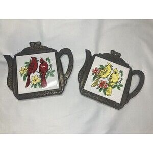 Cast Iron & Ceramic Tile Trivet Or Wall Decor Cardinal Birds Vintage Set Of 2